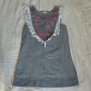 Striped Sleeveless Dress with Floral Bib and Lace Trim - Blue, Pink